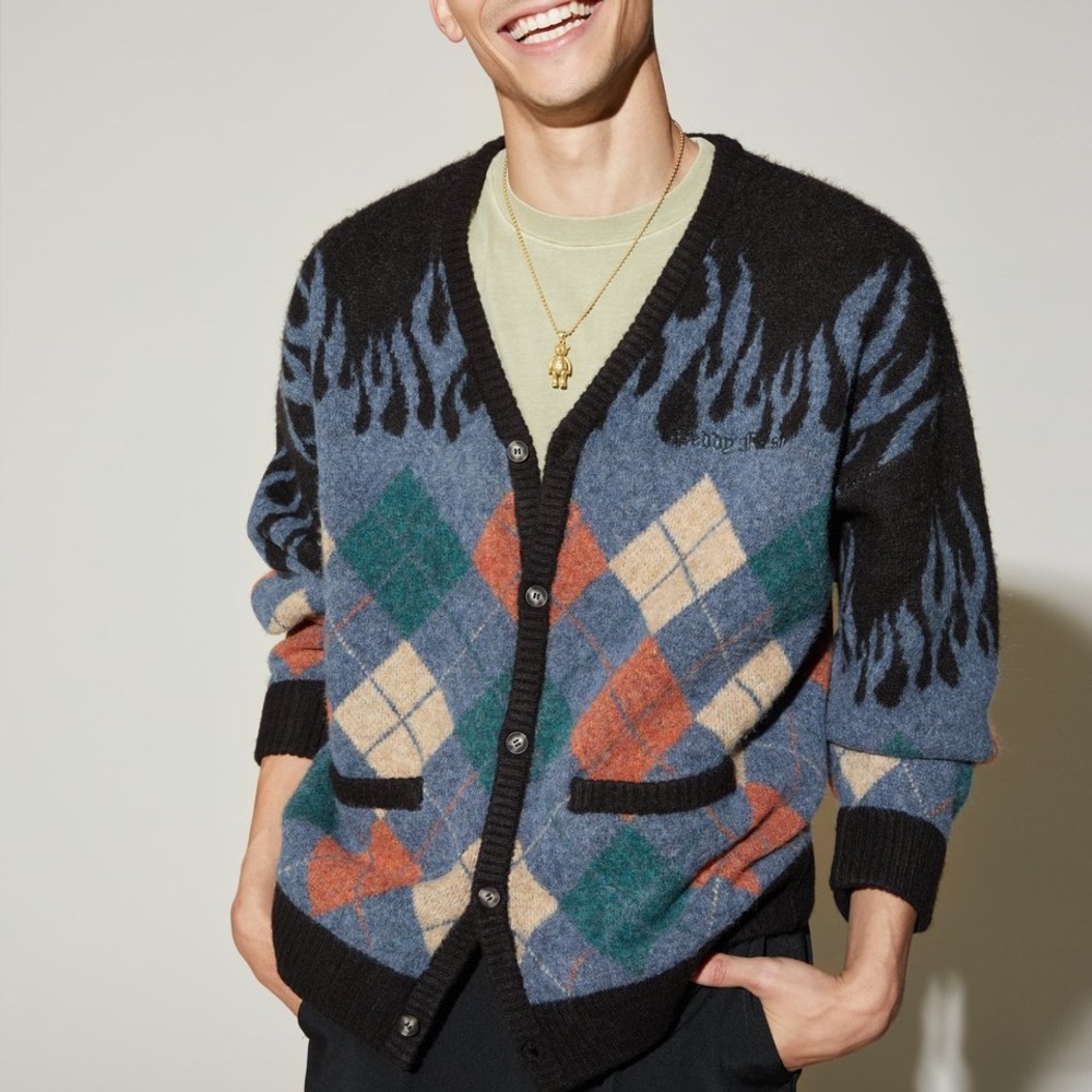 Teddy Fresh Men's Black and Cream Cardigan Size Small